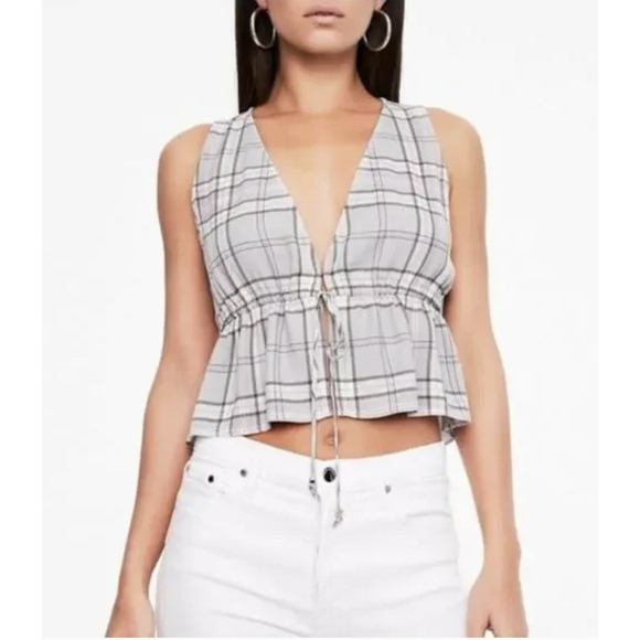 AFRM Top Womens Small Gray Plaid Peplum Tie Front Sleeveless Cropped AET030912 - Picture 1 of 8